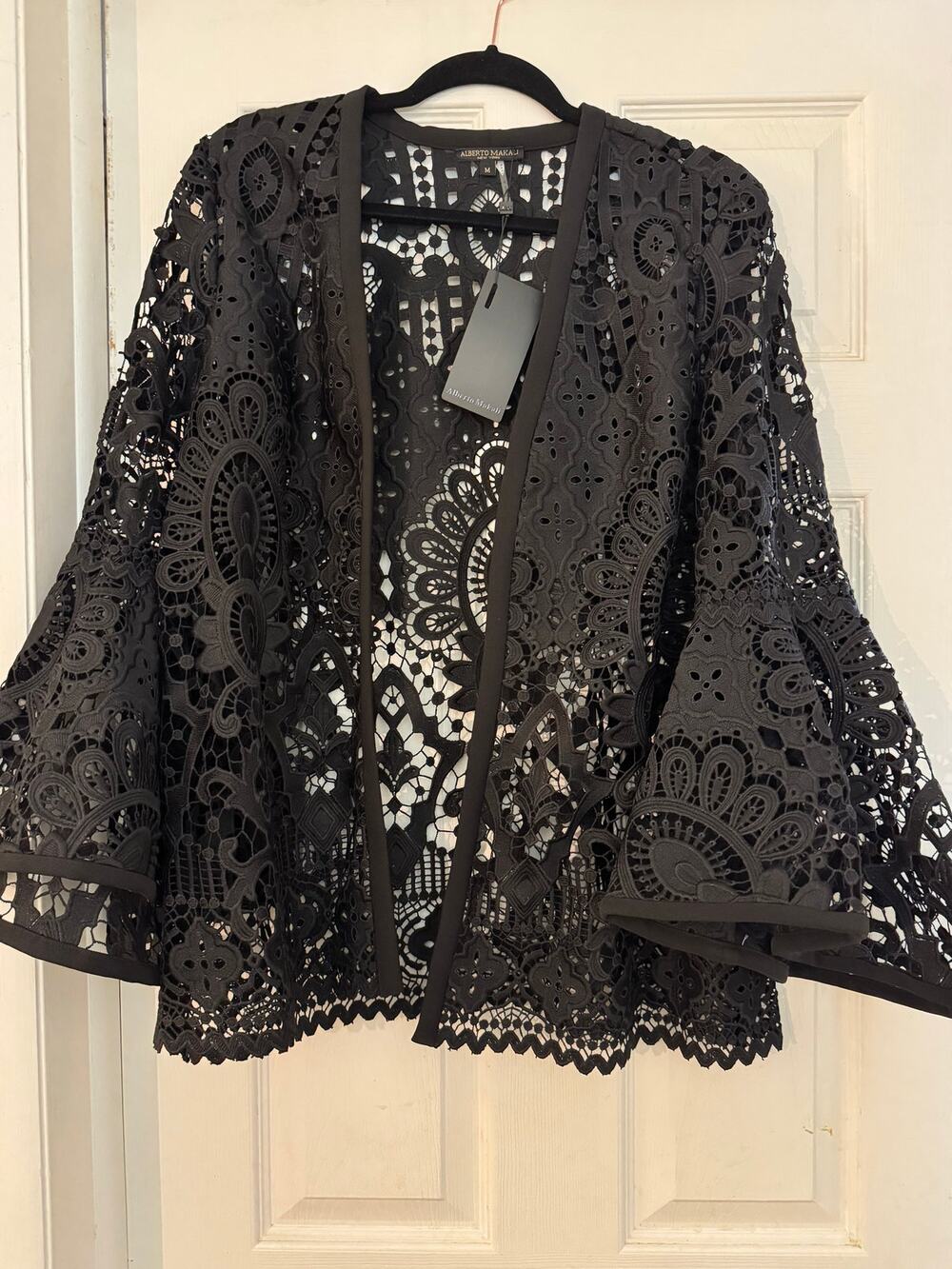 NWT Alberto Makali Black Guipure Lace Open Front Kimono Duster Cardigan size M